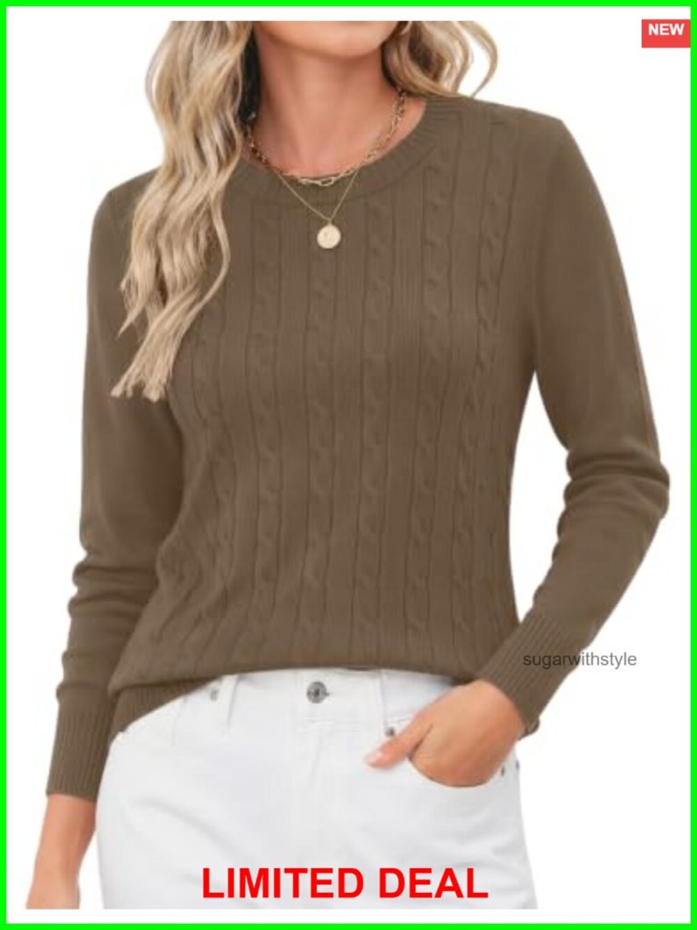 Women's Cable Knit Crew Neck Pullover Sweater Contrast Trim